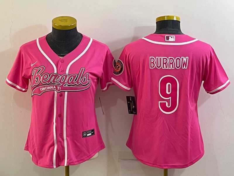 Womens Cincinnati Bengals #9 Joe Burrow Pink With Patch Cool Base Stitched Baseball Jersey